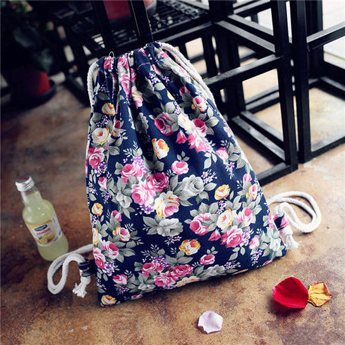 women backpack Printing Floral Canvas Backpack for girls Drawstring Bag  ILML