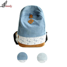 Forward Lace Denim Women Canvas Zipper Backpack Schoolbag 41cmX32cmX14cm ILML