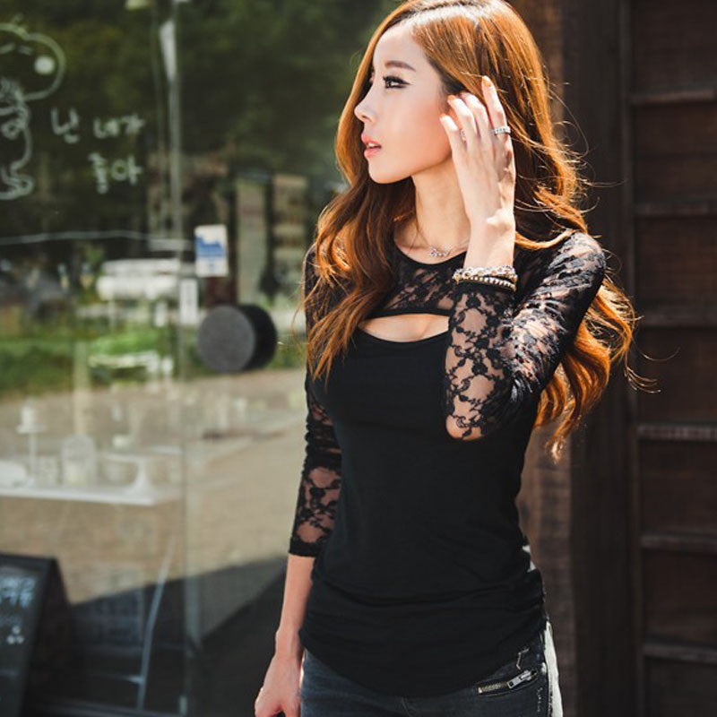 Forward Sexy Women Lace O-Neck Long Sleeve Lady Solid Casual Blouse Tops Blusas  ILML