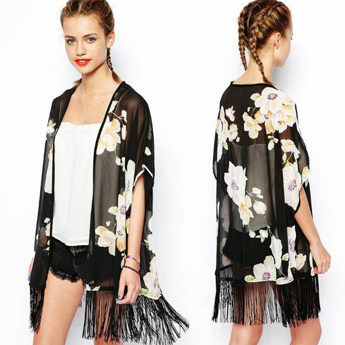 Trustworthy Women Vintage Floral Tassel Fringe Shawl Chiffon Top Kimono Coat Blouse ILML