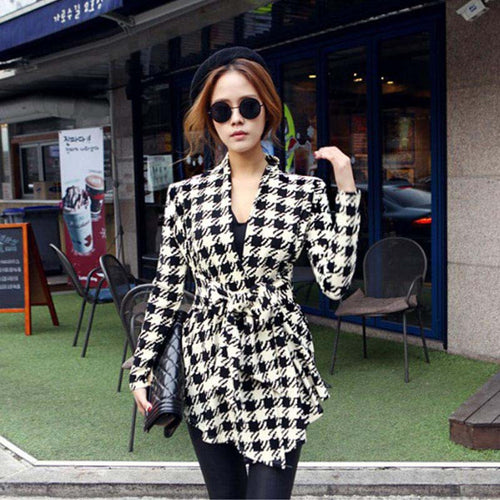 Goforward Women Clothing Korean Womens Houndstooth Pattern Thin Cardigan Coat Jacket Outwear  ILML