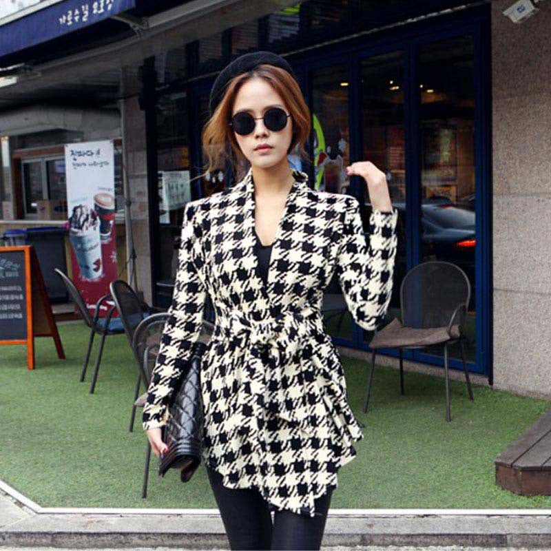 Goforward Women Clothing Korean Womens Houndstooth Pattern Thin Cardigan Coat Jacket Outwear  ILML