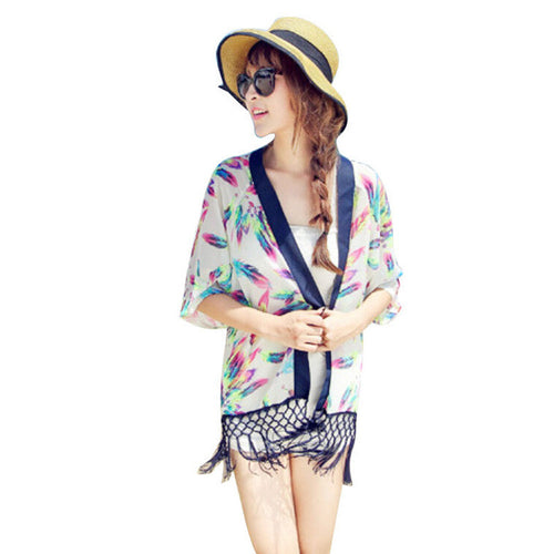 Goforward Women Feathers Printed Clothes Sexy Beachwear Cover Up Tassel Shawl Chiffon Kimono Cardigan ILML