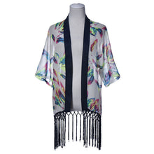 Goforward Women Feathers Printed Clothes Sexy Beachwear Cover Up Tassel Shawl Chiffon Kimono Cardigan ILML