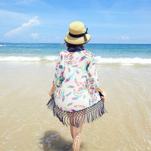 Goforward Women Feathers Printed Clothes Sexy Beachwear Cover Up Tassel Shawl Chiffon Kimono Cardigan ILML