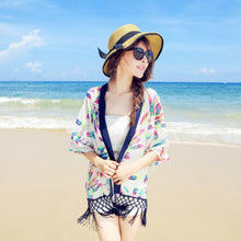 Goforward Women Feathers Printed Clothes Sexy Beachwear Cover Up Tassel Shawl Chiffon Kimono Cardigan ILML