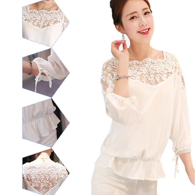 Goforward Women Lady Long Sleeve Sheer Lace Shirt Chiffon Blouse White Black Plus Size ILML