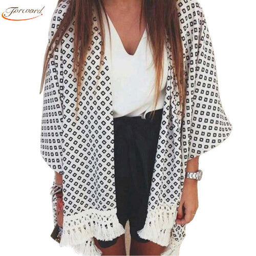 Goforward Women Spain Style Geometry Printed Tassel Chiffon Kimono Cardigan Tops Cover up Camisas Femininas blusas ILML