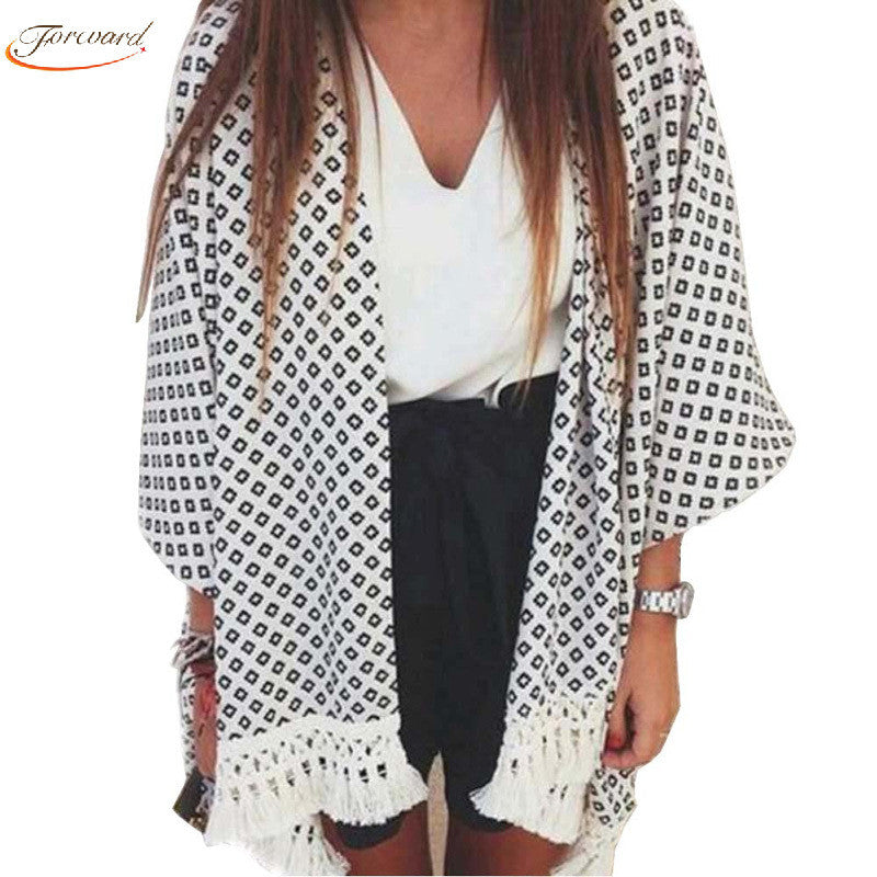 Goforward Women Spain Style Geometry Printed Tassel Chiffon Kimono Cardigan Tops Cover up Camisas Femininas blusas ILML