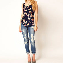 Goforward Plus Size Women Butterfly Print Sleeveless Chiffon Tanks Tops Shirts Crew Vest Asymmetrical Blouses ILML
