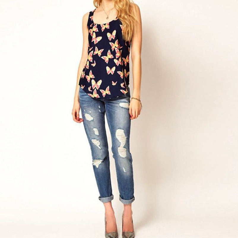 Goforward Plus Size Women Butterfly Print Sleeveless Chiffon Tanks Tops Shirts Crew Vest Asymmetrical Blouses ILML