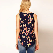 Goforward Plus Size Women Butterfly Print Sleeveless Chiffon Tanks Tops Shirts Crew Vest Asymmetrical Blouses ILML