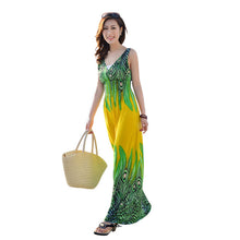 Large Size Sexy Deep V Neck Peacock Shape Bohemia Long Beach Dress Casual Tourism Maxi Dresses ILML