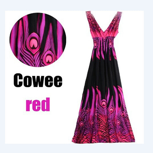 Large Size Sexy Deep V Neck Peacock Shape Bohemia Long Beach Dress Casual Tourism Maxi Dresses ILML