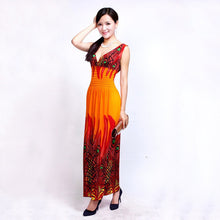 Large Size Sexy Deep V Neck Peacock Shape Bohemia Long Beach Dress Casual Tourism Maxi Dresses ILML