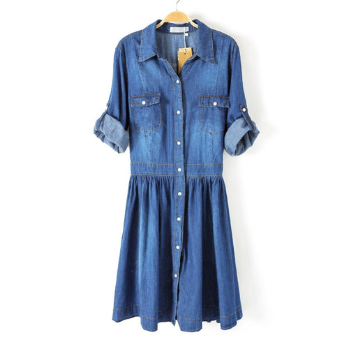 Plus Size Women Clothing Denim Dress Slim Cowboy Casual A Line Dress With Buttons ILML