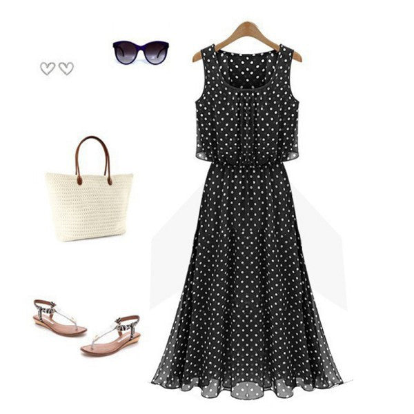 Boho Women Chiffon Sleeveless Pleated Long Maxi Dress Polka Dot Dresses Sundress ILML