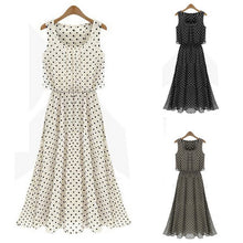 Boho Women Chiffon Sleeveless Pleated Long Maxi Dress Polka Dot Dresses Sundress ILML