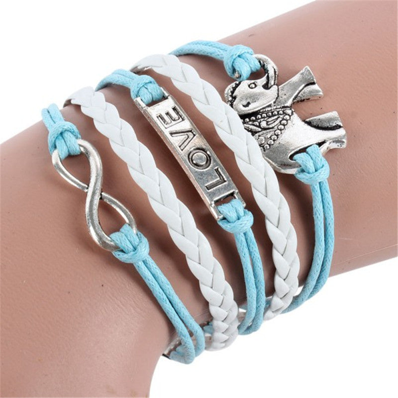 Infinity Braid Love Elephants Chain Leather Charm Plated Silver DIY Bracelet ILML