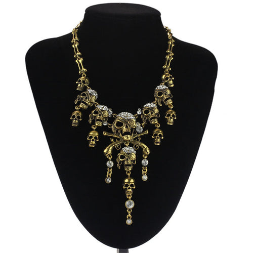 Gothic Punk Style Retro Necklace Silver Bronze Vintage Necklace Pirate Skull Cluster Rhinestone Necklaces Boho Jewelry ILML