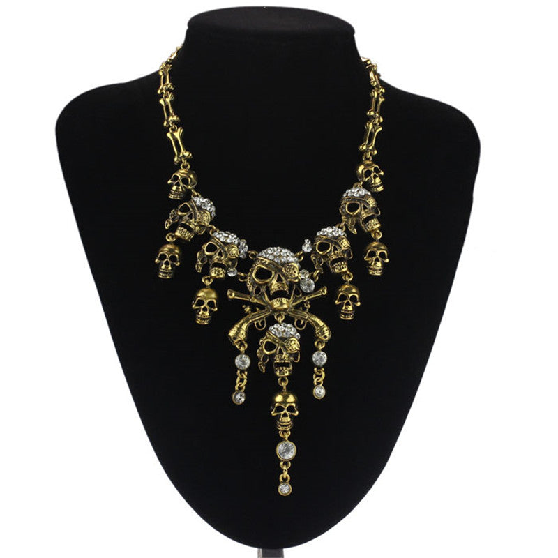 Gothic Punk Style Retro Necklace Silver Bronze Vintage Necklace Pirate Skull Cluster Rhinestone Necklaces Boho Jewelry ILML
