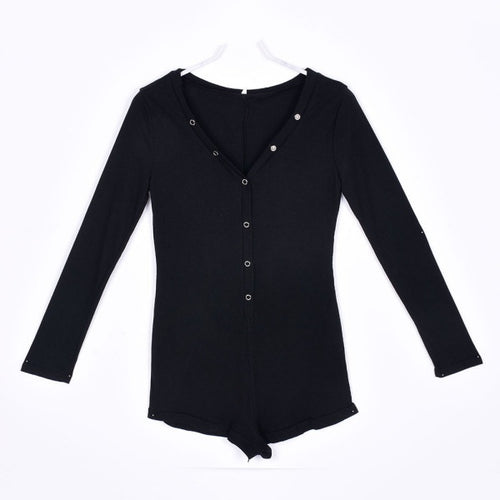 Sexy Women V-Neck Button Long Sleeve Jumpsuit Bodycon Rompers Shorts Bodysuit ILML