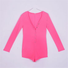 Sexy Women V-Neck Button Long Sleeve Jumpsuit Bodycon Rompers Shorts Bodysuit ILML