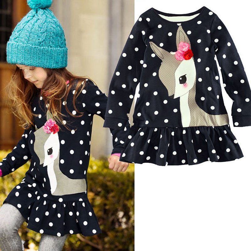 Kids Baby Girls Long Sleeve Lace Dress One-piece Dots Deer Cotton Dresses Toddlers Clothes ILML
