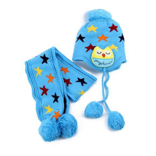 Kids Boys Girls Crochet Warm Beanie Five Pointed Star Baby Earflap Hat ScarfCap 2pcs ILML