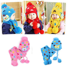 Kids Boys Girls Crochet Warm Beanie Five Pointed Star Baby Earflap Hat ScarfCap 2pcs ILML