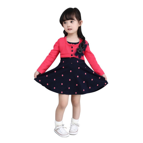 Kids Girl Princess Dress Floral Long Sleeve Fake Two Piece Dots Cotton Dress Girls Clothes 2-4Years ILML