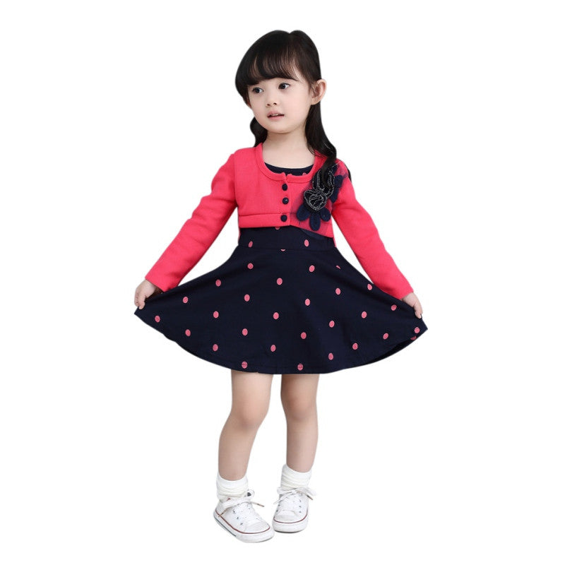 Kids Girl Princess Dress Floral Long Sleeve Fake Two Piece Dots Cotton Dress Girls Clothes 2-4Years ILML