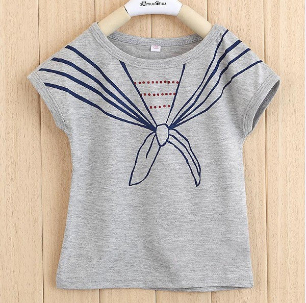 Kids Girls Children T Shirts Tops Tie Print Navy Pattern Short Sleeve T-shirts Clothes 1-5Years ILML