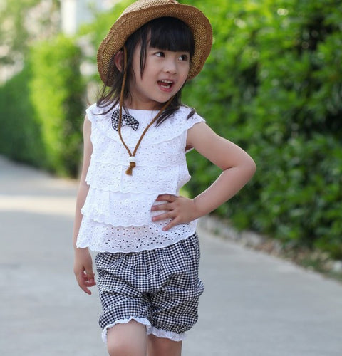 Kids Girls Clothing Sets Lace Children Girl Clothes Set T-Shirt  Lattice Shorts Pants Set Infant Garment  ILML