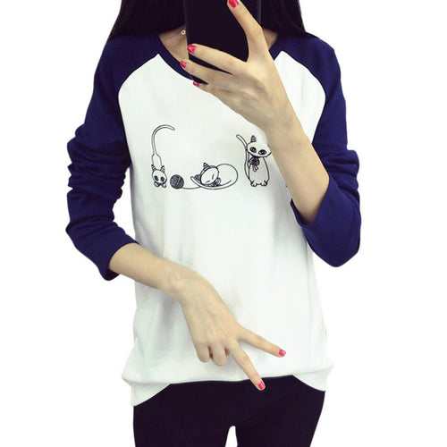 Korean College Wind Women Hoodies Cartoon Cat Sweatshirts Loose Printed Harajuku Hoodie Sudaderas ILML