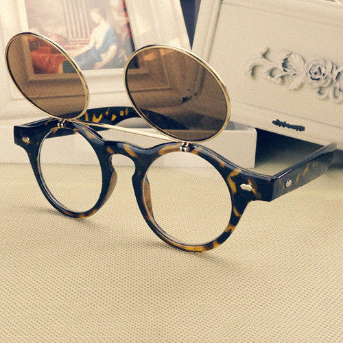 Leopard Double Sun Glasses for Women Mens Flip Punk Sunglasseetal Frame Spectacles Eyewear Goggles Unisex ILML