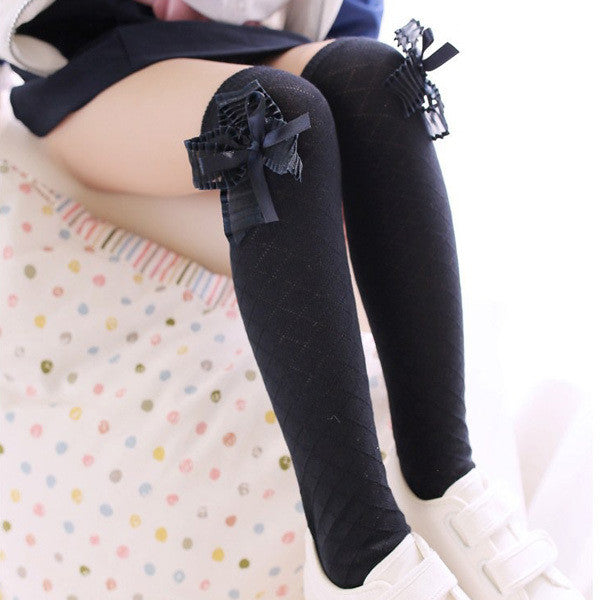 Lovely Kids Girls Cotton Footed Tights School High Knee Bow Stockings  ILML