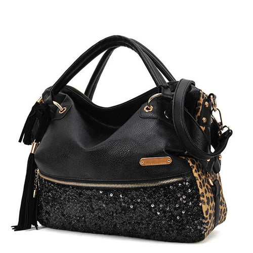 Luxury Women hbag Bag Shining Paillette Leather Leopard Tassels Messenger Bags Clutch Satchel bolsa feminina Tote ILML