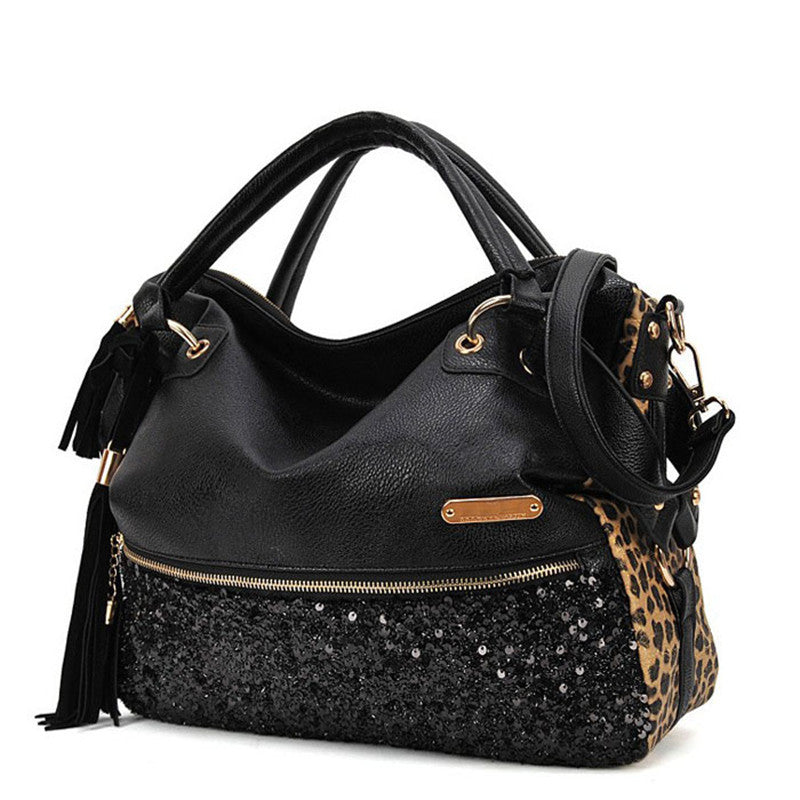Luxury Women hbag Bag Shining Paillette Leather Leopard Tassels Messenger Bags Clutch Satchel bolsa feminina Tote ILML