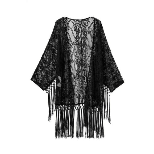Sexy Women See Through Lace Kimono Cardigan Shirt Blouse Tassels Top  ILML