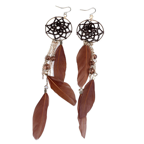 Bohemia Jewelry Girls Trendy Feather Beads Long Chain Tassel Design Dream Catcher Earrings For Women Dangler Earring ILML