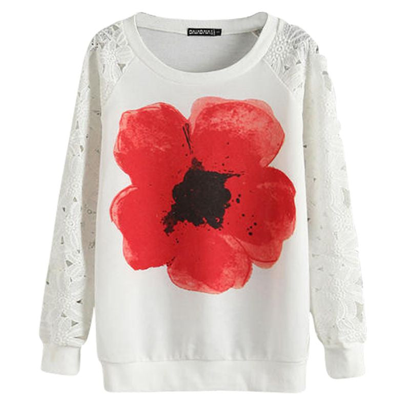 Casual Women Round Neck Sweatshirts Lace Hollow Out Pullovers Loose Bottom Plus Size ILML