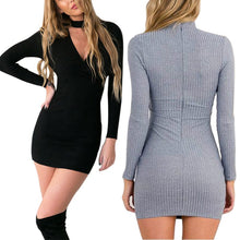 Korean Women Black Gray Dress Sexy MIni Long Sleeve Slim Fit V Neck Knitwear Dress ILML