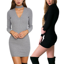 Korean Women Black Gray Dress Sexy MIni Long Sleeve Slim Fit V Neck Knitwear Dress ILML
