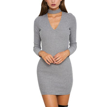 Korean Women Black Gray Dress Sexy MIni Long Sleeve Slim Fit V Neck Knitwear Dress ILML