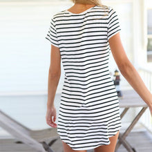 Striped Women Casual Short Dress Short Sleeve Slim Cotton Party Mini Beach Dresses ILML