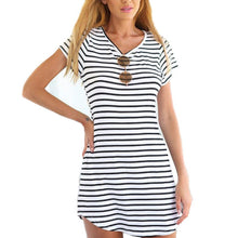 Striped Women Casual Short Dress Short Sleeve Slim Cotton Party Mini Beach Dresses ILML