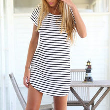 Striped Women Casual Short Dress Short Sleeve Slim Cotton Party Mini Beach Dresses ILML
