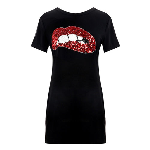 Style Short Sleeve Sequins Lip Casual T-Shirt Shape Black/White Dress Plus Size Women Clothing ILML