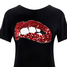 Style Short Sleeve Sequins Lip Casual T-Shirt Shape Black/White Dress Plus Size Women Clothing ILML